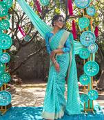 Aqua blue printed linen saree with blouse