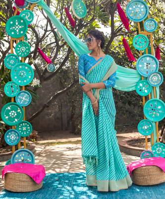 Aqua blue printed linen saree with blouse 2