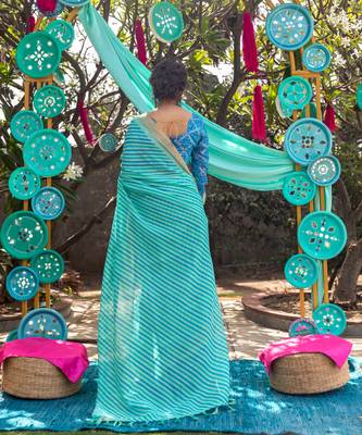 Aqua blue printed linen saree with blouse 3