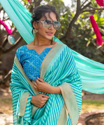 Aqua blue printed linen saree with blouse 4