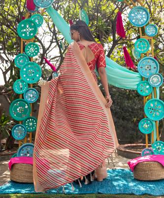 Multicolor printed linen saree with blouse 2