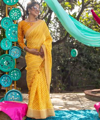 Yellow printed linen saree with blouse 1