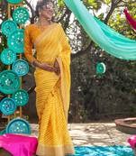 Yellow printed linen saree with blouse