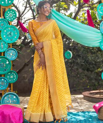 Yellow printed linen saree with blouse 2