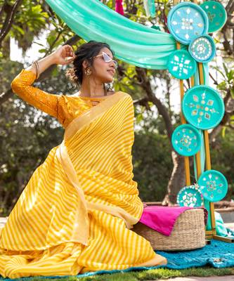 Yellow printed linen saree with blouse 3