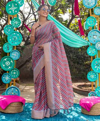 Multicolor printed linen saree with blouse 1