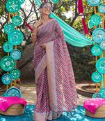 Multicolor printed linen saree with blouse