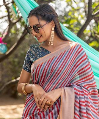 Multicolor printed linen saree with blouse 2