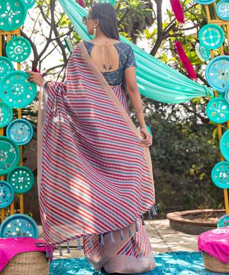 Multicolor printed linen saree with blouse 3