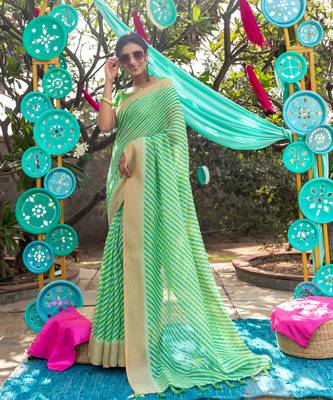 Green printed linen saree with blouse 1