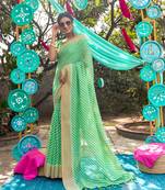 Green printed linen saree with blouse