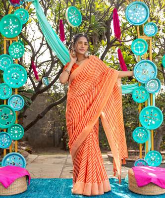 Orange printed linen saree with blouse 1
