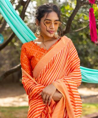 Orange printed linen saree with blouse 2