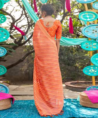 Orange printed linen saree with blouse 3