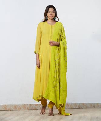 Yellow Anarkali With Lime Green Chikan Dupatta 1
