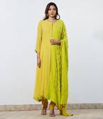 Yellow Anarkali With Lime Green Chikan Dupatta