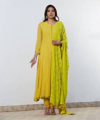 Yellow Anarkali With Lime Green Chikan Dupatta 2