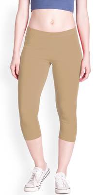 Beige Cotton Plain Capri Leggings for Women 1