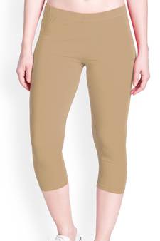 Beige Cotton Plain Capri Leggings for Women