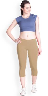 Beige Cotton Plain Capri Leggings for Women 4