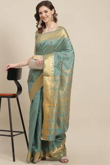 Turquoise embroidered cotton silk saree with blouse