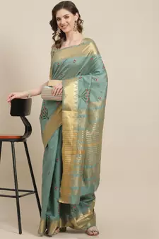 Turquoise embroidered cotton silk saree with blouse