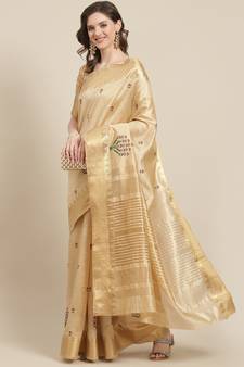 Cream embroidered cotton silk saree with blouse