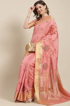 Pink embroidered cotton silk saree with blouse