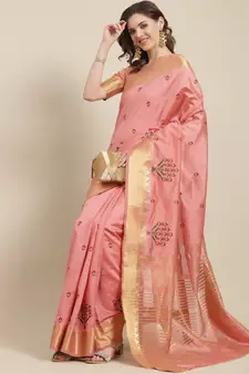Pink embroidered cotton silk saree with blouse