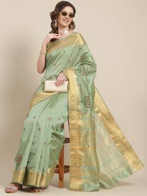 Green embroidered cotton silk saree with blouse 1