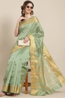 Green embroidered cotton silk saree with blouse