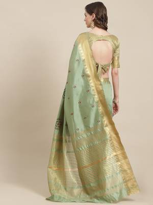 Green embroidered cotton silk saree with blouse 2