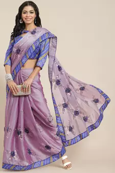 Blue embroidered chiffon saree with blouse