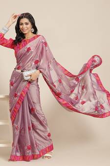 Pink Chiffon Embroidered Thread Work Saree
