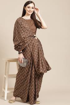 Brown plain silk saree with blouse