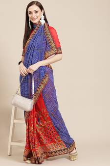 Red embroidered georgette saree with blouse