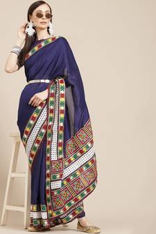 Blue embroidered silk blend saree with blouse