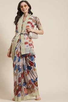 Cream printed linen saree with blouse