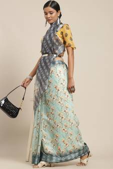 Light green printed linen saree with blouse