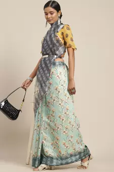 Light green printed linen saree with blouse