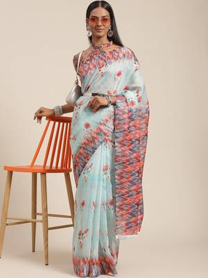 Light blue printed linen saree with blouse 1