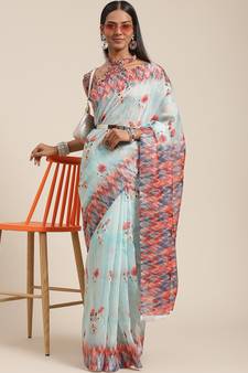 Light blue printed linen saree with blouse