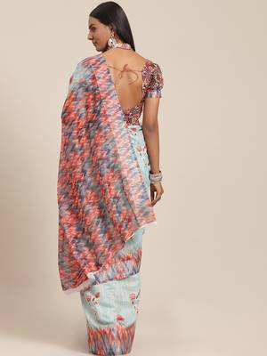 Light blue printed linen saree with blouse 2