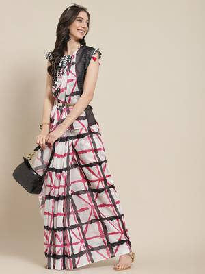 White printed linen saree with blouse 1