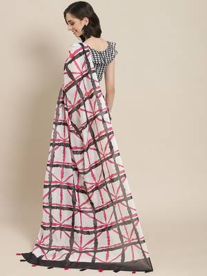 White printed linen saree with blouse 3