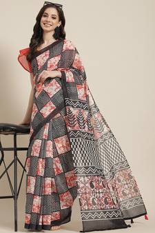 Black printed linen saree with blouse
