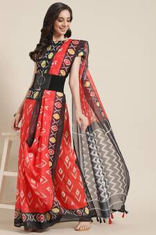 Red printed linen saree with blouse