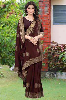 Brown embroidered faux khadi saree with blouse 1