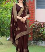 Brown embroidered faux khadi saree with blouse