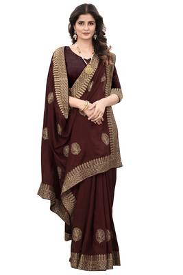 Brown embroidered faux khadi saree with blouse 2